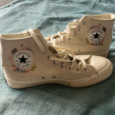 Brand-New, Never Worn, Size 11 Converse High Top, Color Beige, Floral Crochet Detail Converse Makeover, Beige Converse, Embroidered Shoes Converse, Personalized Converse, Converse Embroidery, Autumn Core, Embroidered Converse, Converse High Top, Converse Shop