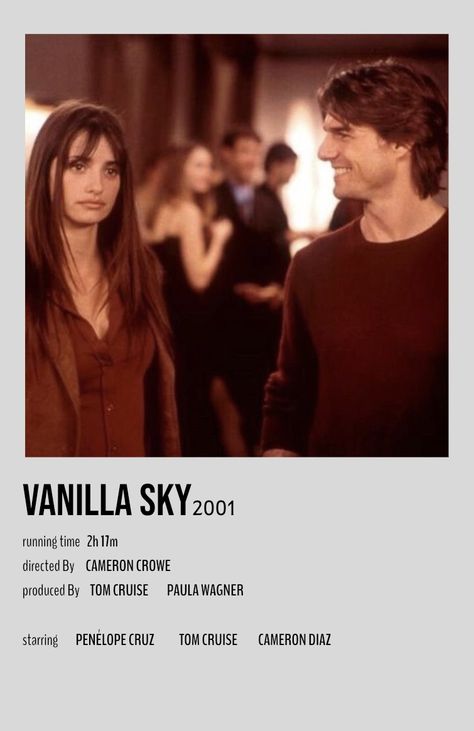 Vanilla Sky Movie Poster, Vanilla Sky Aesthetic, Vanilla Sky Movie, Poster Idea, Vanilla Sky, Girly Movies, 2000 Fashion, Movie Covers, Indie Movies