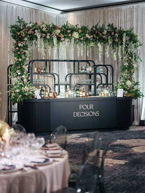 Create a modern garden romance vibe for your wedding like this stylish Ritz Carlton DC celebration! Includes the viral “Pour Decision” Bar design that took Instagram by storm. Get inspired and find out more now! Wedding Bar Cart, Cocktail Bar Design, Wedding Cocktail Bar, Floral Wedding Reception, Reception Bar, Cocktail Wedding Reception, White Floral Wedding, Event Bar, Garden Wedding Reception