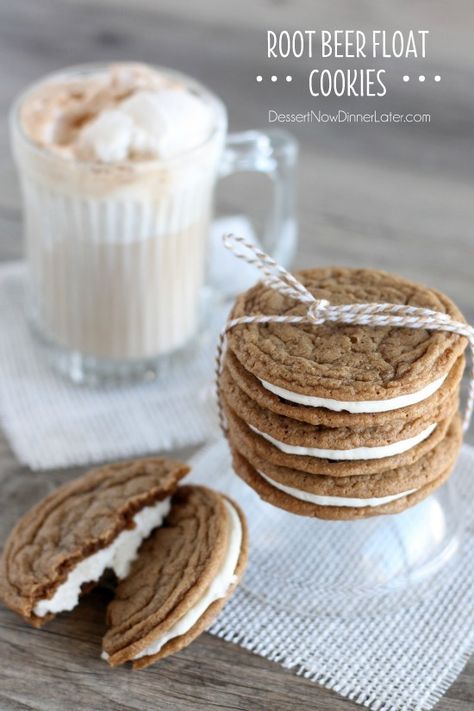 Root Beer Float Cookies - a favorite summer treat, transformed into one sandwich cookie. | DessertNowDinnerLater.com #rootbeer #rootbeerfloat #cookies Root Beer Cookies, Beer Cookies, Beer Float, Root Beer Float, Magic Recipe, Best Cookie Recipes, Sandwich Cookies, How Sweet Eats, Eat Dessert