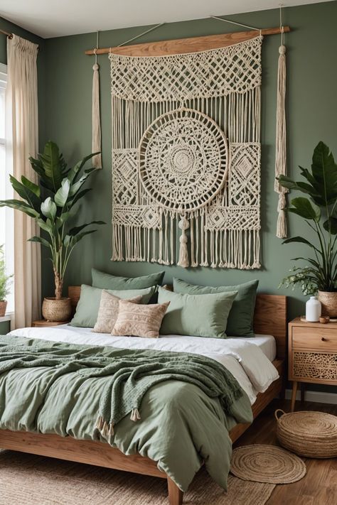 Boho Room Ideas Green, Green Bedroom Design Ideas, Olive And Sage Bedroom, Macrame In Bedroom, Boho Bedroom Olive Green, Boho Bedroom Green Walls, Textured Wall Bedroom, Warm Green Bedroom, Boho Green Bedroom