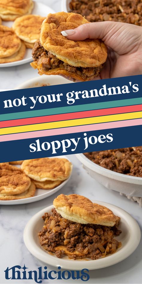 NOT-YOUR-GRANDMA’S SLOPPY JOES Low Carb Sloppy Joe Recipe, Thinlicious Recipes, Protein Rolls, Low Carb Sloppy Joes, Chicken Gumbo Soup, Sloppy Joe Mix, Sloppy Joe Recipe, Gumbo Soup, Chicken Gumbo