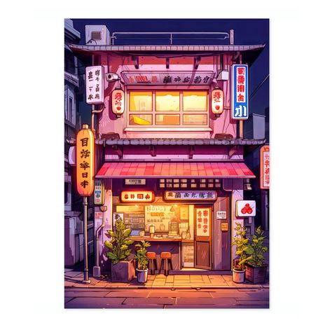 This vibrant art print titled "Pink Ramen Shop" captures the whimsical charm of a Japanese street scene. A cozy ramen restaurant is adorned with glowing signs and welcoming plants, creating an inviting atmosphere. The modern, cartoon-style illustration, rich in pink and warm hues, adds a delightful urban touch to any space. Perfect poster for those who love city life and Japanese culture. Ramen Shop Aesthetic, Pink Ramen, Modern Cartoon, Japanese Shop, Ramen Restaurant, Ramen Shop, Japanese Ramen, Shop Illustration, Japanese Street