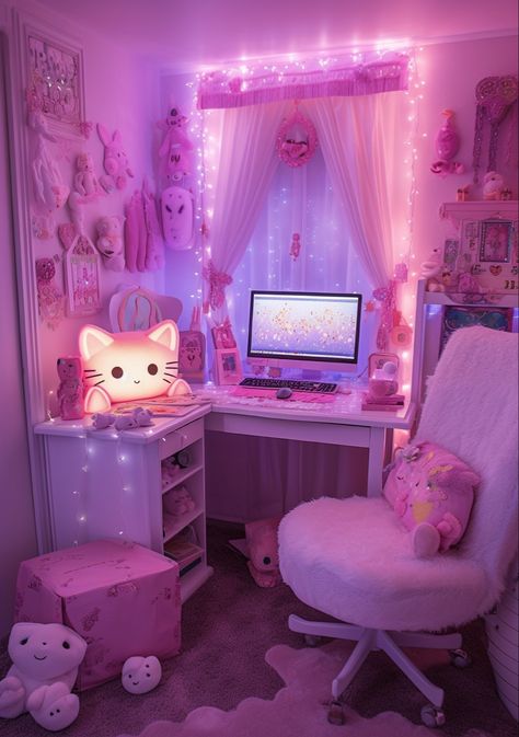 Pink Computer Setup, Pink Wallpaper Bedroom, Cottagecore Chic, Pink Computer, Kawaii Room Ideas, Gamer Bedroom, Nice Rooms, Kawaii Bedroom, Cool Dorm Rooms