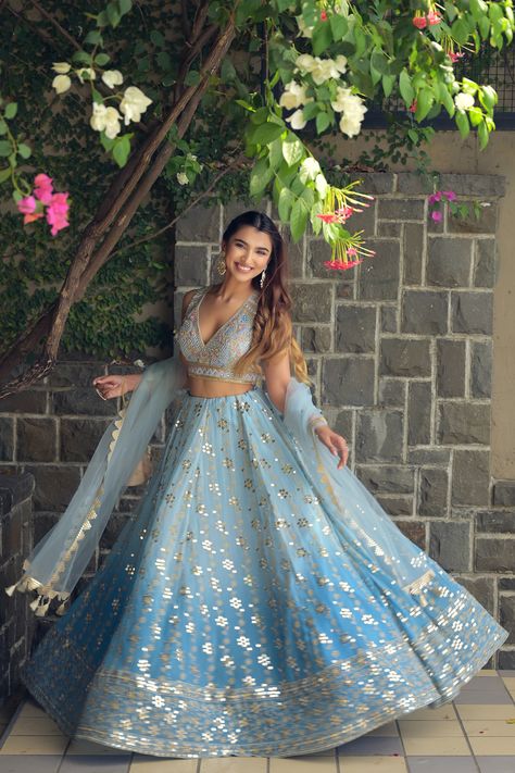 Dark Blue Velvet Lehenga, Sky Blue Colour Lehenga, Icy Blue Lehenga, Blue Ombre Lehenga, Outfits For Brothers Wedding, Blue Haldi Outfit, Outfit For Brothers Wedding Indian, Pastel Lehenga Simple, Sky Blue Lehenga Wedding