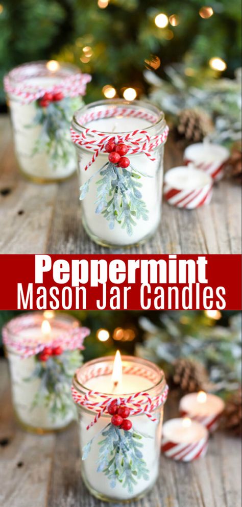 Diy Peppermint Candle, Scented Mason Jar Candles, Peppermint Candles, Diy Jar, Candle Jar Diy, Soya Mumu, Wine Bottle Diy Crafts, Christmas Mason Jars, Food Candles