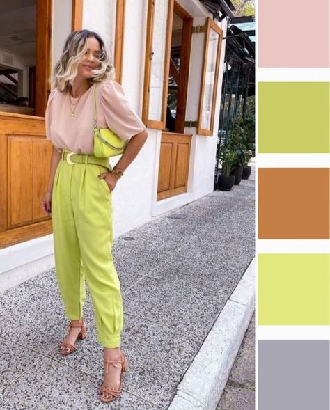 Lime Green Pants, Green Pants Outfit, Ny Outfits, Colour Combinations Fashion, Color Combos Outfit, Interesting Outfits, Color Combinations For Clothes, Verde Lima, Beige Outfit