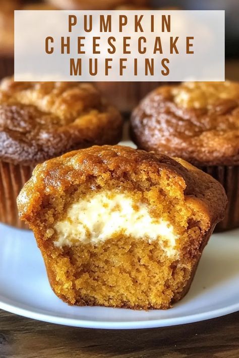 Discover the perfect fall treat with these Pumpkin Cheesecake Muffins! Soft, spiced pumpkin muffins filled with a luscious cheesecake center create a delightful combination that everyone will love. These easy-to-make muffins are perfect for breakfast, brunch, or a sweet snack. Warm your kitchen with the cozy aromas of fall and impress your friends and family! Save this recipe for later and start baking today! 🍰🎃 Pumpkin Muffins Sallys Baking, Pumpkin Cheese Muffins Recipe, Pumpkin Filled Muffins, Pumpkin Spice Cheesecake Muffins, Breakfast Cheesecake Recipe, Pumpkin Muffins Using Spice Cake, Pumpkin Muffins Recipes Easy, Snickerdoodle Pumpkin Muffins, Cheesecake Pumpkin Muffins