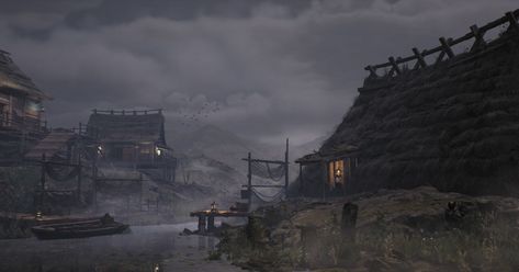 Feudal Japanese Village by Tom Radford - https://bit.ly/3gt0aPs Textured with #SubstancePainter #gameart #conceptart #environment #fantasy #Japan #Japanese #Feudal #Edo #village #night #MadewithSubstance Japanese Feudal Village, Feudal Japan Village, Japan Village, Medieval Japanese, Japan Games, Japanese Town, Abandoned Village, Japanese Village, Ancient Japan