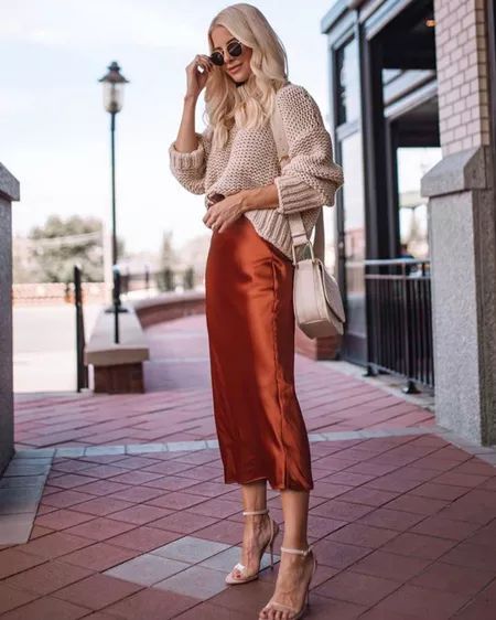 BRANDIE CAMEL NUBUCK curated on LTK Slip Skirt Outfit, Silk Skirt Outfit, Skirt Outfit Fall, Satin Skirt Outfit, Rok Outfit, Midi Skirt Outfit, High Waisted Maxi Skirt, Zipper Skirt, Knit Midi Skirt