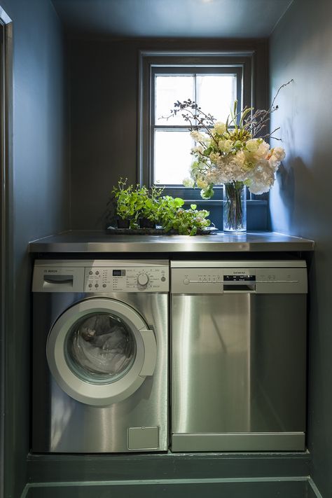 There’s even space for a stylish chrome washing machine and dishwasher in a little alcove by the bathroom Dishwasher In Utility Area, Laundry And Dishwasher Room, Dishwasher And Washing Machine Together, Utility Area In Kitchen, Dishwasher And Washing Machine Kitchen, Washing Machine And Dishwasher Stacked, Washing Machine Area Ideas In Balcony, Dishwasher Space Ideas, Washing Machine Area Ideas