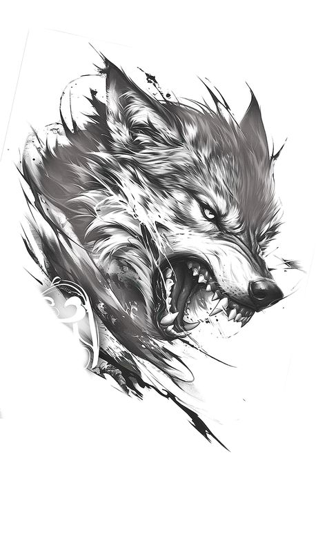 Half Face Wolf Tattoo, Wolf On Stomach Tattoo, Wolf Snarling Drawing, Nordic Wolf Tattoo Design, Wolf Head Tattoo Stencil, Growling Wolf Tattoo, Back Tattoo Designs Men, Angry Wolf Tattoo Design, Wolf Head Tattoo Design