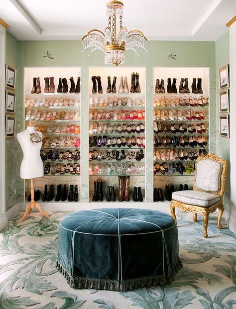 French walk-in closet features a brass and crystal chandelier illuminating a round blue French ottoman with tassel trim. Turn Room Into Walk In Closet, Diy Walk In Closet, Dressing Room Closet, Closet Decor, Dream Closets, Glam Room, Versace Home, Closet Inspiration, Room Closet