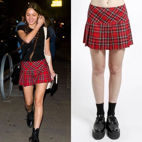 How To Style A Red Plaid Skirt, Red Platform Boots Outfit, Red Check Skirt Outfit, Plaid Pleated Mini Skirt Outfit, Olivia Rodrigo Boots, Red Plaid Mini Skirt Outfit, Plaid Red Skirt Outfit, Olivia Rodrigo Plaid, Olivia Rodrigo Skirt