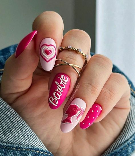 Pink Nails Barbie Girly, Pink Nail Barbie, Nail Art Designs Barbie, Barbie Theme Nails, Barb Nails, Punk Barbie Nails, Barbie Themed Nails, Barbie Nails Design Ideas, Barbie Doll Nail Art