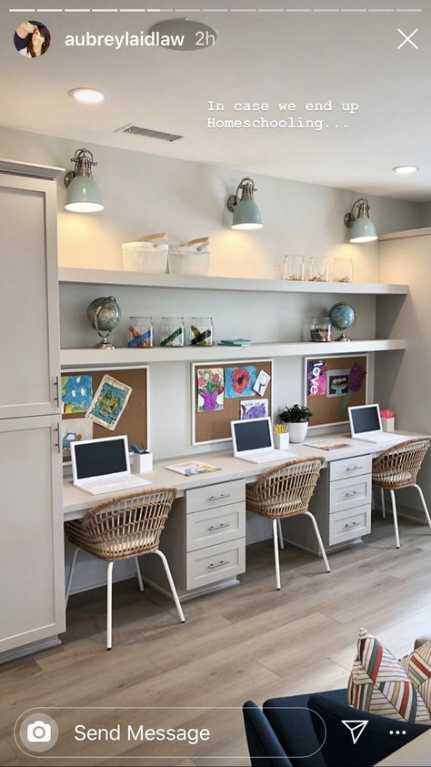 Playroom With Built In Desk, Homework Center At Home, Playroom Ideas With Desk, Desks In Playroom, 3 Person Home Office Layout, Home Office And Homework Room, Kids Room Double Desk, Triple Desk Kids, Home Office Double Desk Ideas