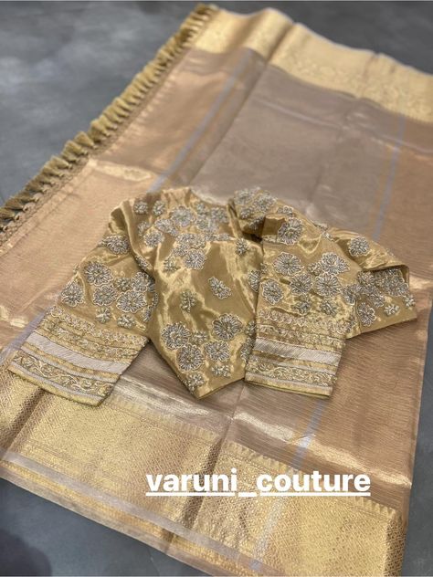 Embroidery On Golden Blouse, Golden Blouse Maggam Work, Work On Golden Blouse, Gold Saree With Contrast Blouse, Golden Saree Blouse Designs, Gold Blouses, Gold Blouse Designs, White Sari, Brocade Blouse Designs