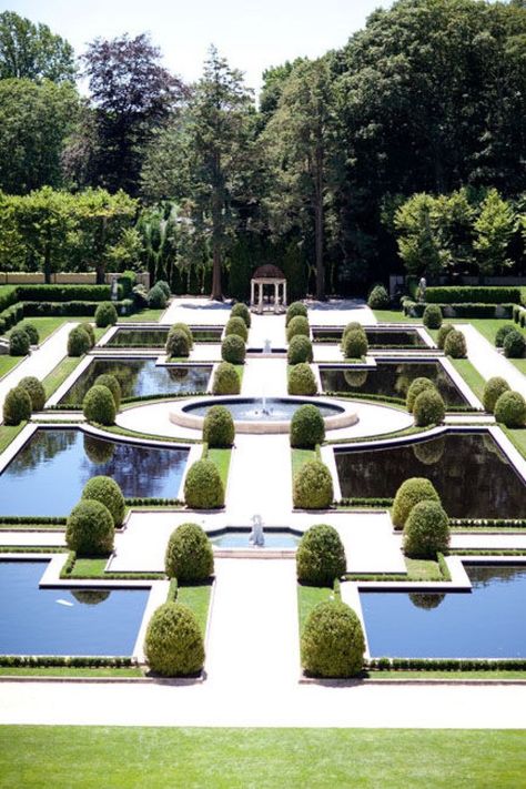 This balance is symmetrical because all the shapes are identical on both sides and easily distinguishable by the line down the middle. Oheka Castle Wedding, Symmetrical Balance, Formal Garden Design, Oheka Castle, Formal Garden, Castle Garden, Garden Park, Formal Gardens, French Garden