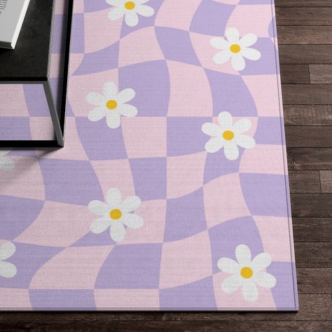 "✔️ Checkered Rug, Purple Blush Pink Checkerboard Daisy Flower Rug, Cute Rug, Danish Pastel Room Decor, Y2K Decor Area Rug, Indie Room Decor ✔️ Material: lightweight 100% Polyester Chenille ✔️ Three sizes: 24x36, 36x60 and 48x72 inches ✔️ Design printed on one side, gray underside ✔️ Vibrant print, durable hemmed edges, stiff lay flat design ✔️ Pattern is printed with sublimation technique where the ink binds directly into the fabric, creating vivid and long lasting colors. ✔️ Printed in and shi Pink Purple Living Room, Room Inspo Danish Pastel, Rugs Indie, Preppy Room Decor Bedroom, Preppy Rug, Rug Preppy, Pink And Purple Bedroom, Daisy Rug, Room Decor Y2k