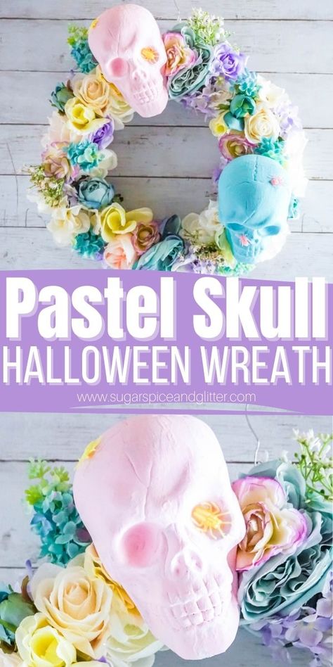 How to make a Pastel Skull Wreath for Halloween - a whimsical and feminine take on Halloween decor for those of us who want our Halloween decor to match our home's aesthetic. Who says Halloween wreaths can't be feminine? Pastel Goth Halloween Decor, Girlie Halloween Decor, Pastel Goth Decor Diy, Lavender Halloween, Pastel Halloween Aesthetic, Pastel Goth Home Decor, Pastel Halloween Party, Pastel Halloween Decor, Pastel Goth Decor