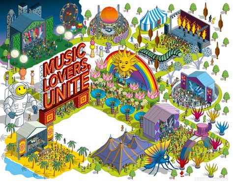 Delta Air Lines’ SKY Magazine commissioned Rod Hunt to illustrate 'Music Lovers Unite', a guide to this summer's music festivals including features on Lollapalooza, Movement Festival, Bonaroo, Ovo Fest, Austin City Limits, Essence Festival, Crash My Player and Moogfest. A vibrant opening spread needed to show the diversity of the different kinds of festivals, while the five spot illustrations focused on more specific details. Festival Map Illustration, Festival Map Design, Summer Festival Illustration, Festival Illustration Art, Fest Illustration, Music Festival Illustration, Festival Map, City Festival, Festival Illustration