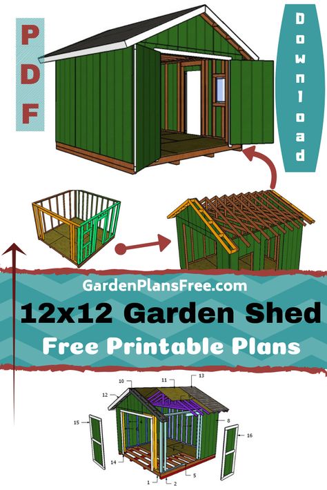 Easy to build 12x12 garden shed with a gable roof, double front doors, a side door and a window. Step by step instructions, diagrams, a detailed cut list and a complete materials list, all for FREE. #diy #shed #gardenshed She Shed Plans Diy Free, 12x12 Shed, Cheap Diy Shed, How To Build A Shed Cheap Easy Diy, Diy Shed Cheap Easy, Cheap Sheds, Build Your Own Shed, Shed Building Plans, Diy Shed Plans