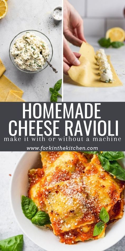 Try your hand at this homemade ravioli recipe! It's easier than you might think, and the flavor is exponentially better! This cheese ravioli is filling is a blend of ricotta and parmesan cheeses with a pinch of nutmeg and lemon zest for flavor tucked away in pockets of homemade pasta dough. Top it with your favorite tomato sauce for a vegetarian dinner-winning combo. Homade Cheese Ravioli, Ricotta Cheese Ravioli Filling, Ricotta Filling For Ravioli, Homemade Cheese Ravioli Filling, Vegetarian Ravioli Filling, Ravioli Recipe Vegetarian, Ravioli Filling Recipe Cheese, Cottage Cheese Ravioli Filling, Cheese Filled Ravioli Recipes