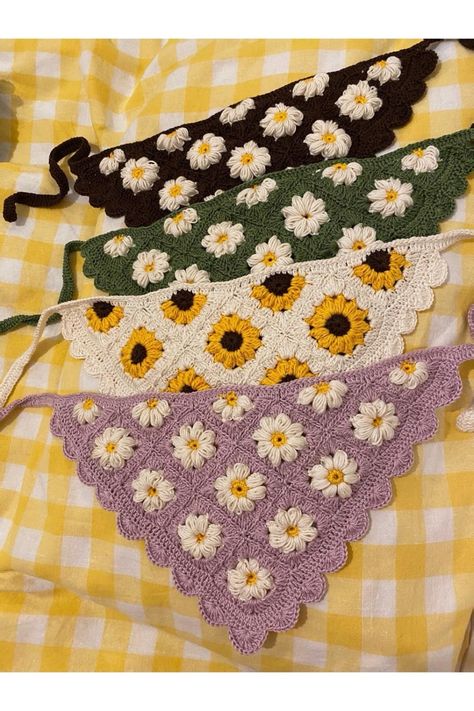 Colorful Crochet Handmade Bandanas, Choose Your Style! | %100 handknitted crochet bandanas by me! Choose your style and order with one click :) #crochet #handmade #bandana #flower #daisy #sunflower Crochet Outfits Diy, Bandanas Crochet, Crochet Bandanas, Bandana Crochet, Daisy Crochet, Crochet Bandana, Confection Au Crochet, Colorful Crochet, Flower Daisy