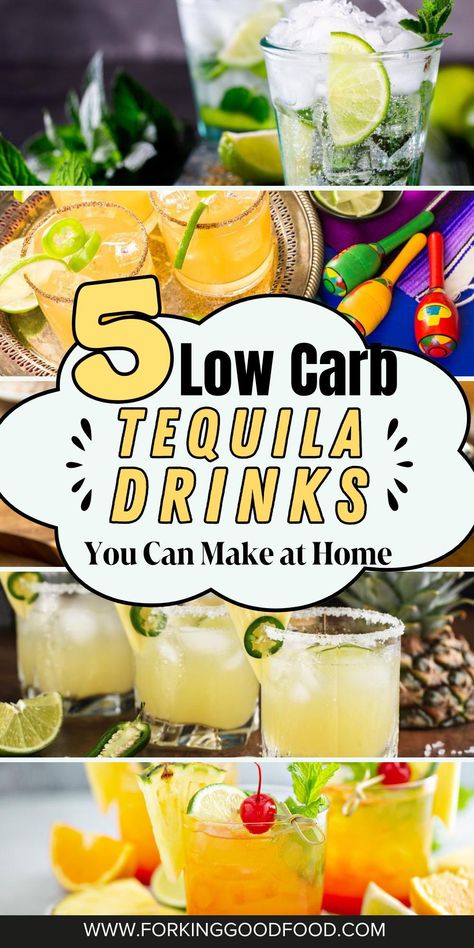 Sip on these 5 Low Carb Tequila Drinks you can make at home! 🍹🥃 Enjoy the flavors of tequila without the guilt, with recipes that are light on carbs but full of taste. Perfect for those looking to indulge in a refreshing cocktail without straying from their low-carb lifestyle. Cheers to delicious and guilt-free drinks! #LowCarbDrinks #TequilaCocktails #HomeMixology #HealthyMixology #RefreshingSips #GuiltFreeDrinks #CocktailRecipes #DrinkInspiration Zero Carb Alcoholic Drinks, No Carb Alcoholic Drinks, Low Calorie Titos Vodka Drinks, Drinks Using Tequila, Easy Low Calorie Drinks Alcohol, Keto Tequila Cocktails, Low Cal Tequila Drinks, Low Carb Vodka Cocktails, Tequila Cocktails Low Calorie