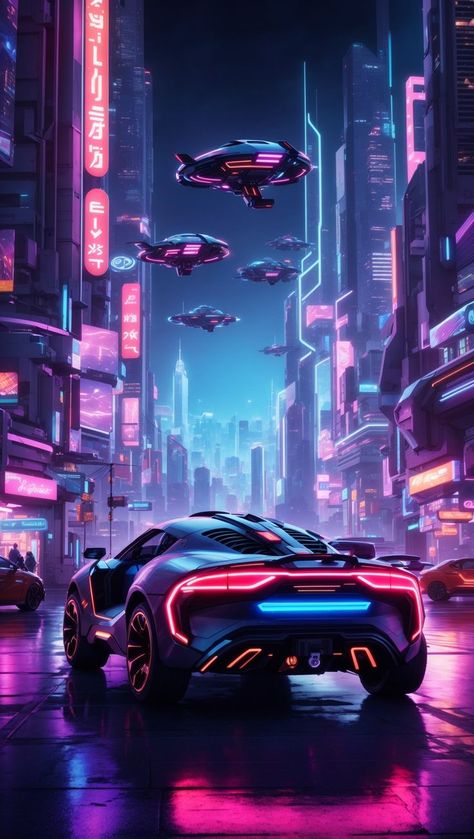 A breathtaking futuristic cityscape at night, with bright neon lights and flying cars. Perfect for a bachelor pad or game room. Neon Cyberpunk Aesthetic, Futuristic Cityscape, Neon Car, Neon Cyberpunk, Flying Cars, New Retro Wave, Flying Car, Cyberpunk Aesthetic, Cyberpunk City