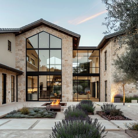 Modern Cotswold House, Organic Modern House Exterior, Summer Home Exterior, Modern Mediterranean Homes Exterior, Brick And Stone House, Harmony Interior Design, Modern Transitional Exterior, Smooth Stucco, Modern Scandinavian House