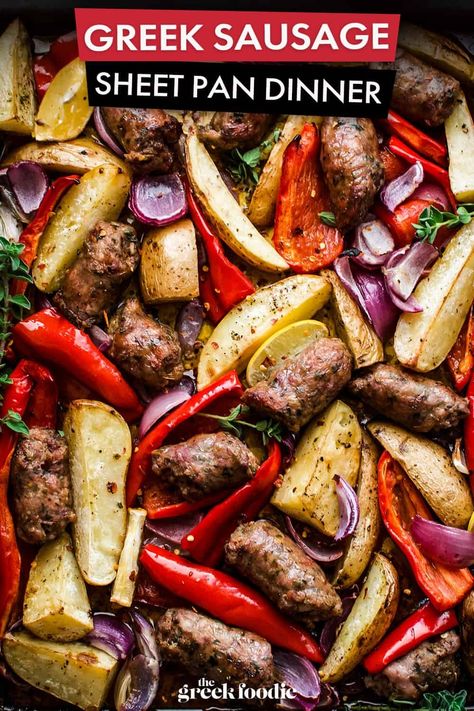 Greek Sausage Sheet Pan Dinner Greek Sausage, Dinner With Potatoes, Sausage Sheet Pan Dinner, Sausage Sheet Pan, Lamb Sausage, Sheet Pan Meals, Best Blueberry Muffins, Gluten Free Chili, Roasted Onions