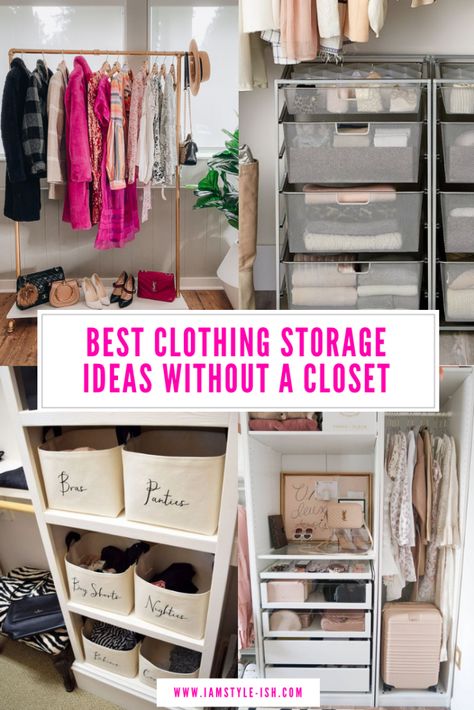 BEST CLOTHING STORAGE IDEAS WITHOUT A CLOSET Open Storage Wardrobe, Diy Clothes Storage Bedrooms, Open Closet Ideas For Small Spaces Bedrooms, Free Standing Closet Ideas Small Spaces, No Closet Organization Ideas, Portable Storage Ideas, Closetless Clothing Storage, Storage For Clothes Bedroom, Organize Clothes Without Closet