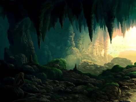 Cavernas Secretas Dragon Cave, Cave Drawings, Fantasy Places, Fantasy Paintings, Fantasy Art Landscapes, Animation Background, 판타지 아트, Environment Concept Art, Fantasy Landscape