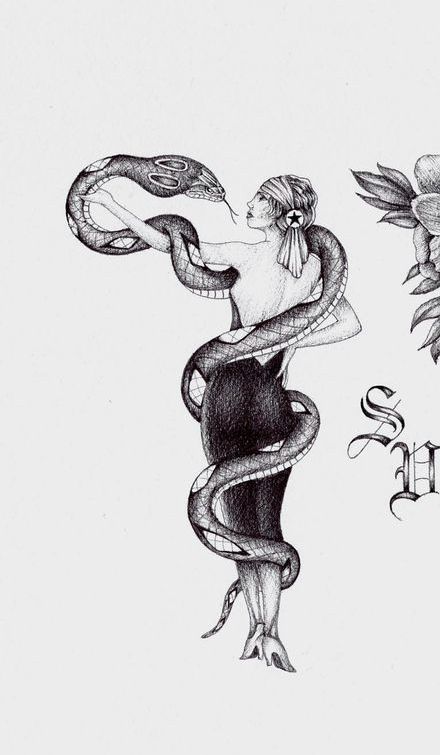 Snake Goddess Tattoo, Snake Female Tattoo, Snake Charmer Tattoo, Tat Sketches, Witch Snake Tattoo, Divine Feminine Snake Tattoo, Woman With Snake Art, Mouth Tattoo, Grafic Art