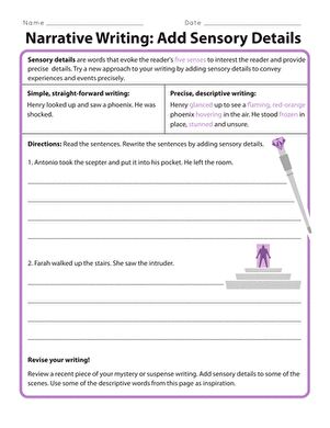 Take mystery and suspenseful writing to the next level with this reading and writing worksheet! Students will read sentences and then use their creative powers to rewrite them to make them more descriptive. Then, they will use this exercise to make their own writing more evocative. With this writing process resource, students learn to make setences more interesting by adding vivid details. #educationdotcom Sensory Details In Writing, Writing Metaphors, Descriptive Writing Activities, Writing Exercise, Writing Voice, Sensory Details, Pre Writing Activities, Classroom Freebies, 5th Grade Reading