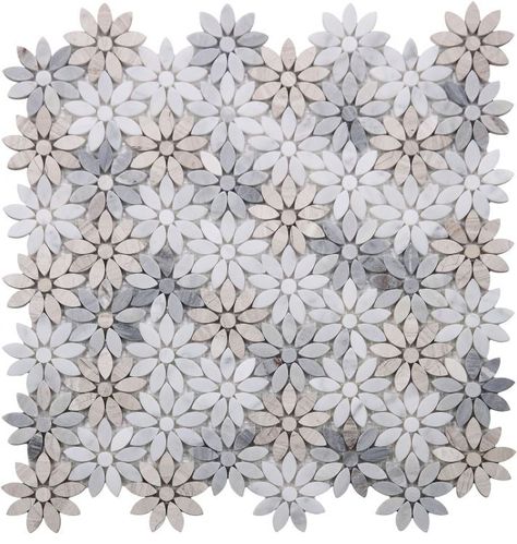 Elysium Daisy Wild Sky Polished Marble Mosaic | Lowest Price — Stone & Tile Shoppe, Inc. Mosaic Tile Shower Wall, Mosaic Shower Tile, Carrara Marble Tile, Flower Tile, Mosaic Flowers, Wall Exterior, Marble Mosaic Tiles, Blue Daisy, Interior Floor