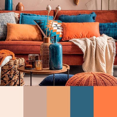 Pallet Bed Frame Black Bed Frame Blue And Orange Living Room, Burnt Orange Living Room, Simple Bed Designs, Teal Living Rooms, Bed Design Ideas, Orange Rooms, Stile Boho Chic, Living Room Orange, Bedroom Orange