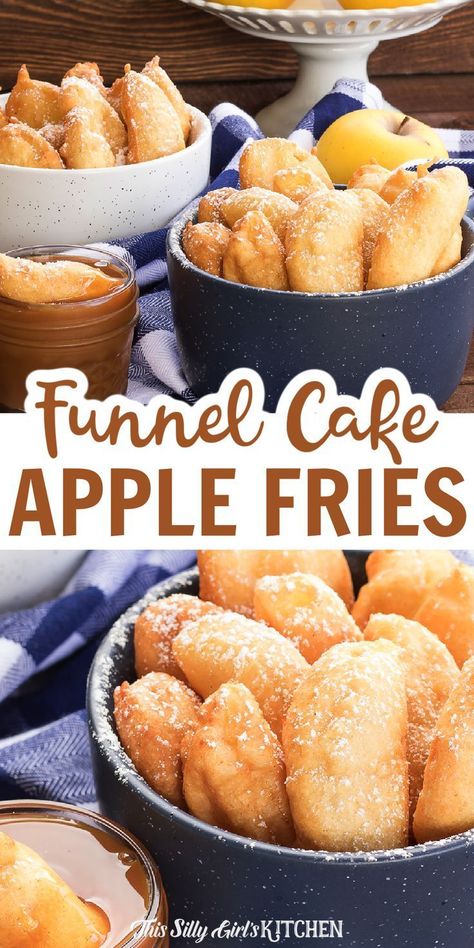 Funnel Cake Apple Fries, Apple Pie Funnel Cake, Dessert French Fries, Funnel Cake Desserts, Funnel Cake Dipping Sauce, Funnel Cake Toppings Ideas Fair Foods, How To Make Funnel Cake Fries, Strawberry Funnel Cake Fries, Funnel Fries Recipe