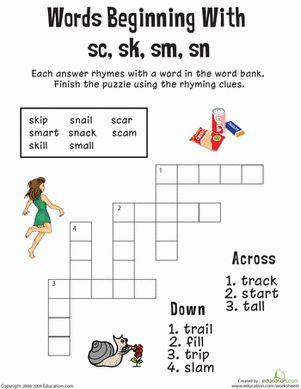 First Grade Reading & Writing Worksheets: Consonant Crossword: Words Beginning with Sc, Sk, Sm, Sn Smart Snacks, Reading Tutoring, Teaching Second Grade, First Grade Reading, Word Bank, Reading Worksheets, Phonics Worksheets, Writing Worksheets, Crossword Puzzle