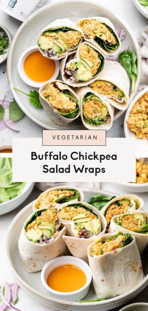 Buffalo Chickpeas, Buffalo Chickpea Salad, Buffalo Chickpea, Vacation Food, Ambitious Kitchen, Veggie Wraps, Salad Wraps, Chickpea Recipes, Fresh Spinach