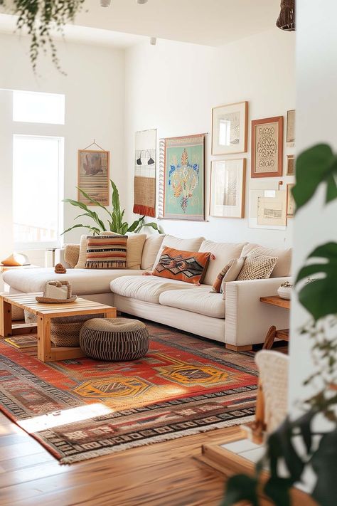 Austin Texas Living Room, Living Room Colorful Couch, Boho Style Decor Living Rooms, Cream Couch Boho Living Room, Living Room Designs Neutral With Pop Of Color, Interior Ideas For Living Room, Cream Couch Decor Ideas, Living Room Design Boho Modern, Minimalist Indian Living Room