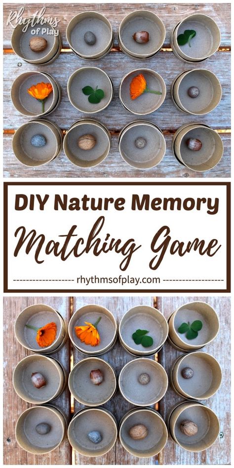 DIY nature memory match game!  An educational matching game and sensory activity for kids preschool age and up. Playing matching games like this easy memory game with natural materials can help both children and adults develop focus, memory, and recognition skills. | #MemoryGame #MatchingGame #KidsGames #DIYGame Nature Games, Outdoor Learning Activities, Nature Ideas, Diy Nature, Memory Match Game, Nature School, Sensory Activity, Match Game, Preschool Age