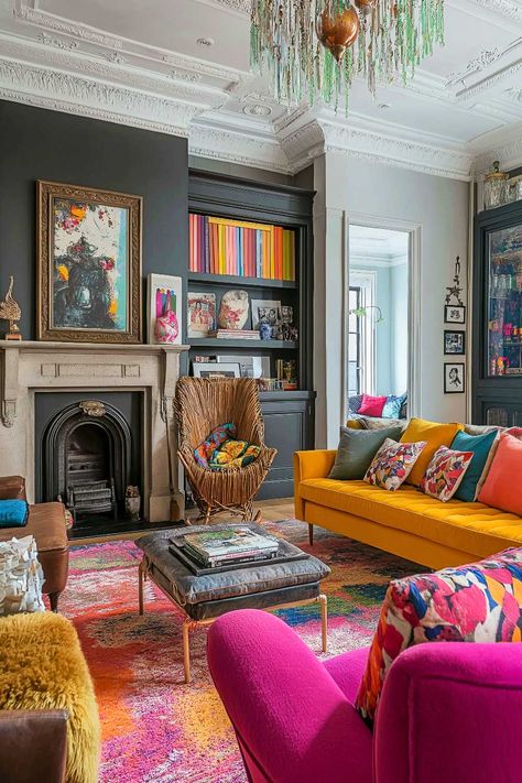 100+ Cosy Living Room Ideas Colourful Not White Living Room, Pop Of Color Fireplace, Classy Colorful Living Room, Colour Pop Living Room, Eclectic Living Room Decor Ideas, Bright Color Interior Design, Boho Library Room, Room Ideas Colourful, Living Room Inspiration Grey Couch