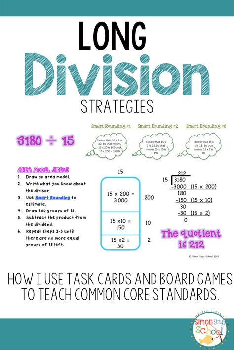 Now that Common Core has changed the way we teach division, teachers are scrambling to find resources to teach repeated subtraction and the area model.  This is why I created two different task card packages which can be utilized in so many ways.   Each pack includes a student directions page which provides step by step instructions and a model of how to use the strategy. Long Division Strategies, Teach Division, Simple Division, Repeated Subtraction, Probability Math, Division Strategies, Area Model, Long Division, Area Models