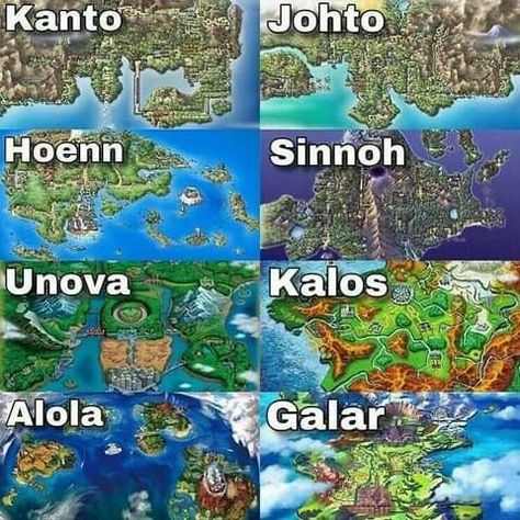 Pokemon Regions Map, Pokemon World Map, Pokemon Galar Region, Pokemon Kanto Region, Pokemon Lance, Pokemon Alola Region, Sinnoh Pokemon, Lance Pokemon, Kanto Pokemon