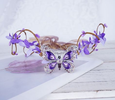 Purple Butterfly Crown, Purple Dress Accessories Jewelry, Purple Crown Aesthetic, Butterfly Quince Dress, Purple Dress Accessories, Purple Butterfly Dress, Purple Tiara, Butterfly Tiara, Woodland Tiara