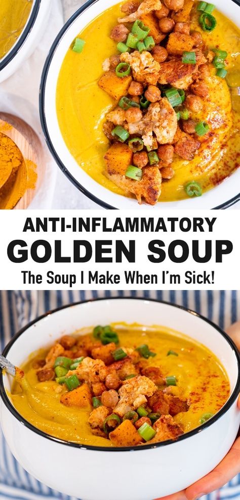 This healthy soup recipe is my favorite to make when I'm sick because it's loaded with anti-inflammatory foods and immune boosting ingredients that are so soothing and comforting. #healthysoup #antiinflammatory #soup #vegan Soup With Turmeric, Golden Soup, Healthy Soup Recipe, Inflammation Diet Recipes, Anti Inflammation Recipes, Usa Food, Inflammatory Foods, Vegan Soup, Easy Soups