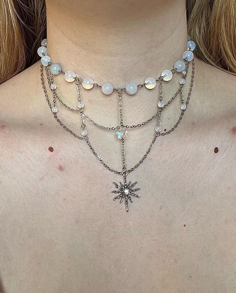 ‘Starlight’ Choker ⭐️ made with opalite beads, aquamarine beads, a glass star bead, stainless steel chain and findings 16in + 2in extension chain available now, link in bio ⭐️ #handmadejewelry #explorepage #necklace #choker Necklace Ideas Handmade, Choker Necklace Beads, Camera Art, Diy Jewelry Projects, Glass Stars, Witchy Jewelry, Aquamarine Beads, Handmade Jewelry Tutorials, Simple Wallpapers