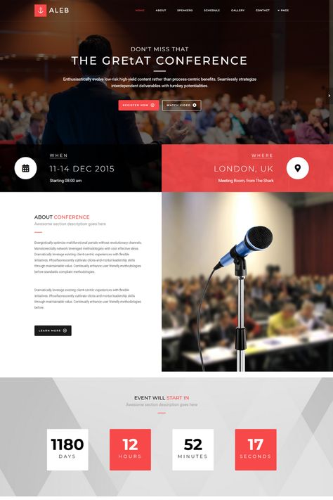 Unleash the potential of your event with our Event Conference Landing Page WordPress Theme. Create stunning layouts effortlessly, captivate attendees with a dynamic schedule, engaging speakers, and a mesmerizing gallery. Stand out with unlimited colors and leave a lasting impression. Aleb: Your gateway to elegance and success. Explore now! Conference Landing Page, Event Landing Page Design, Conference Marketing, Event Countdown, Clinic Interior, Event Website, Professional Event, Event Page, Event Themes